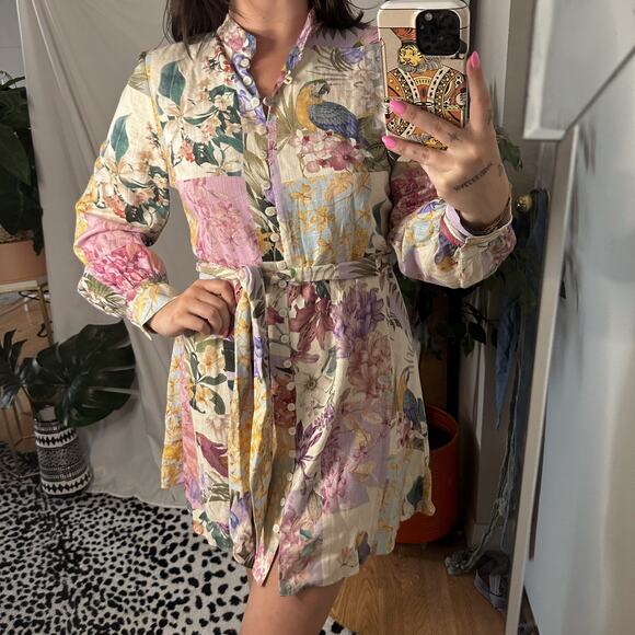 Zara Dresses & Skirts - Zara Patchwork Floral Parrot Long Sleeve Shirt Dress Pink Medium NWT